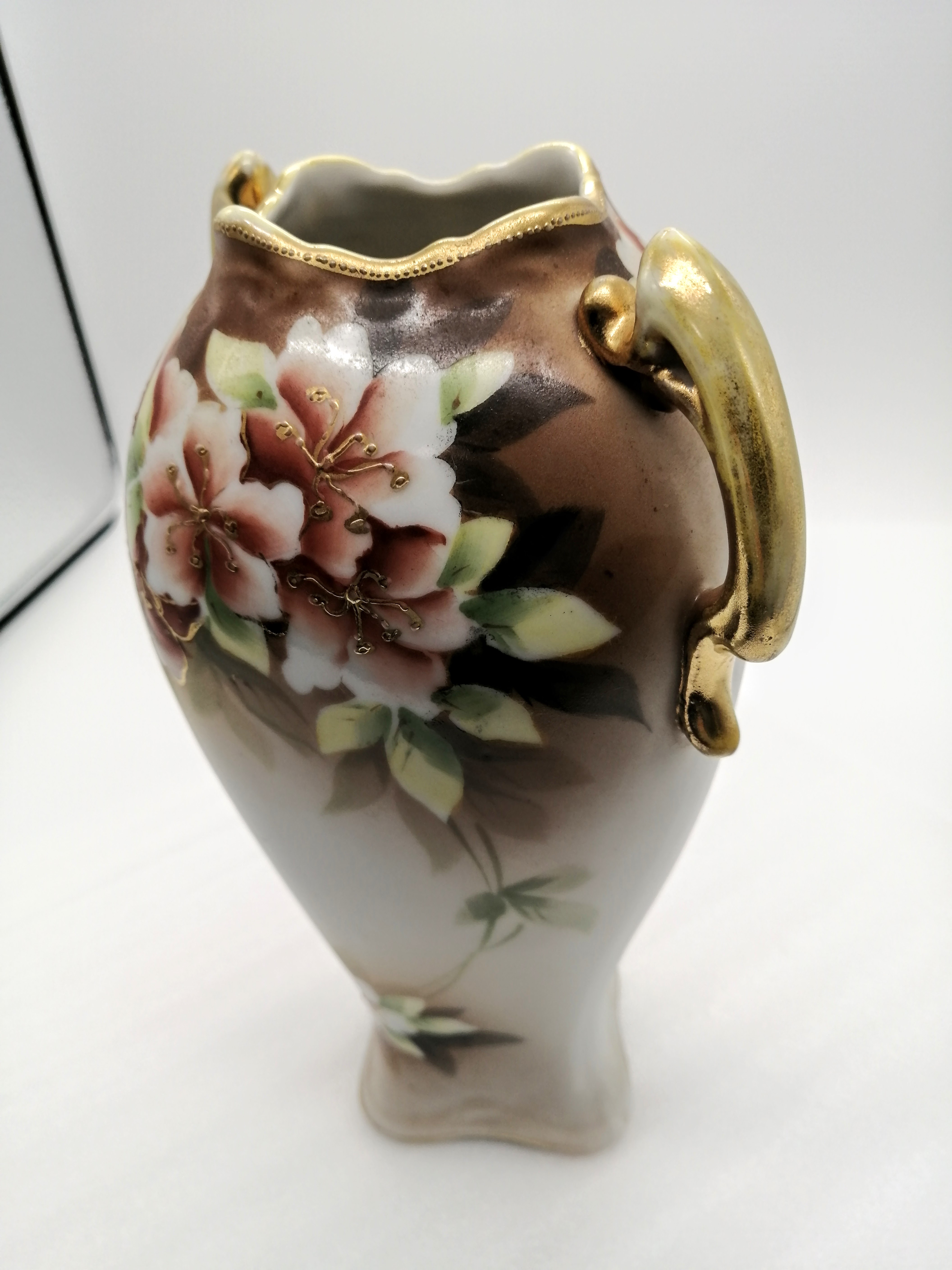 花瓶フォックス1908年代 オールドノリタケ 耳付き花瓶 壺 金盛上藍砂漠風景